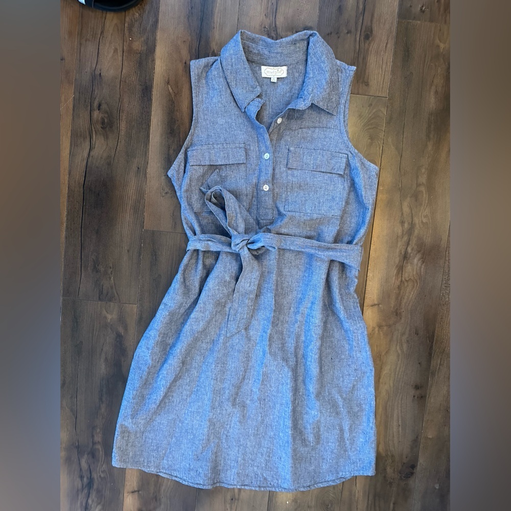 Mud Pie Chambray Belted Midi Dress S | Summer Casual Blue Button Front - Picture 2 of 9